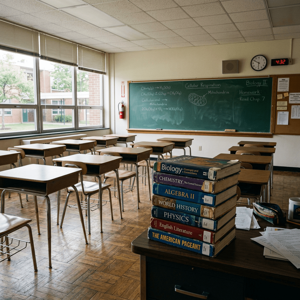 Stack of textbooks on teacher's desk in empty classroom with desks and chalkboard in background