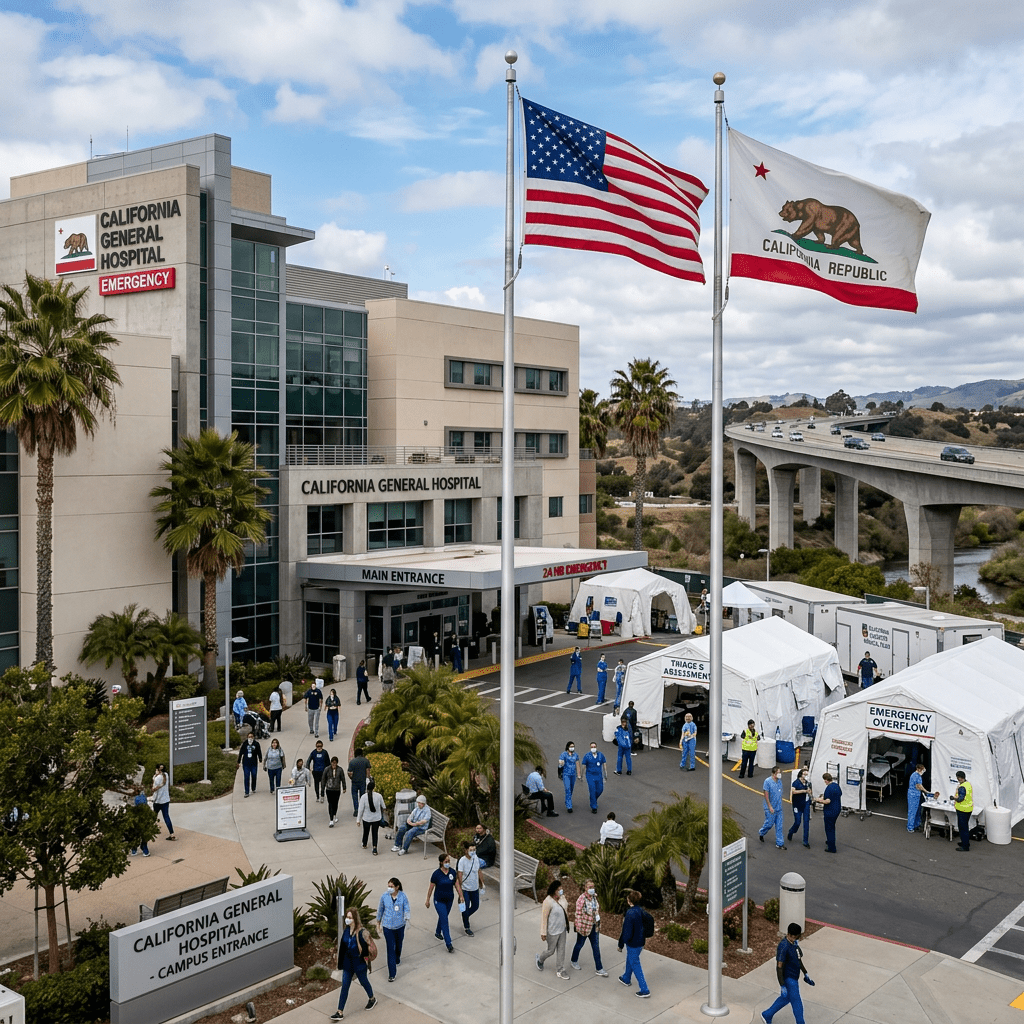 California General Hospital exterior with American and California flags, outdoor emergency tents with medical staff and visitors