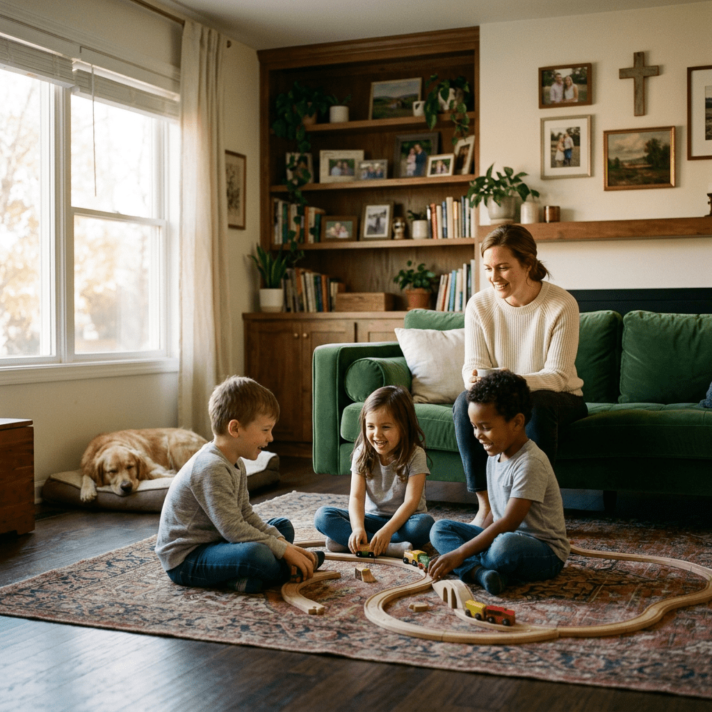 Three children sitting on a rug playing with a wooden train set and a woman smiling nearby on a green couch