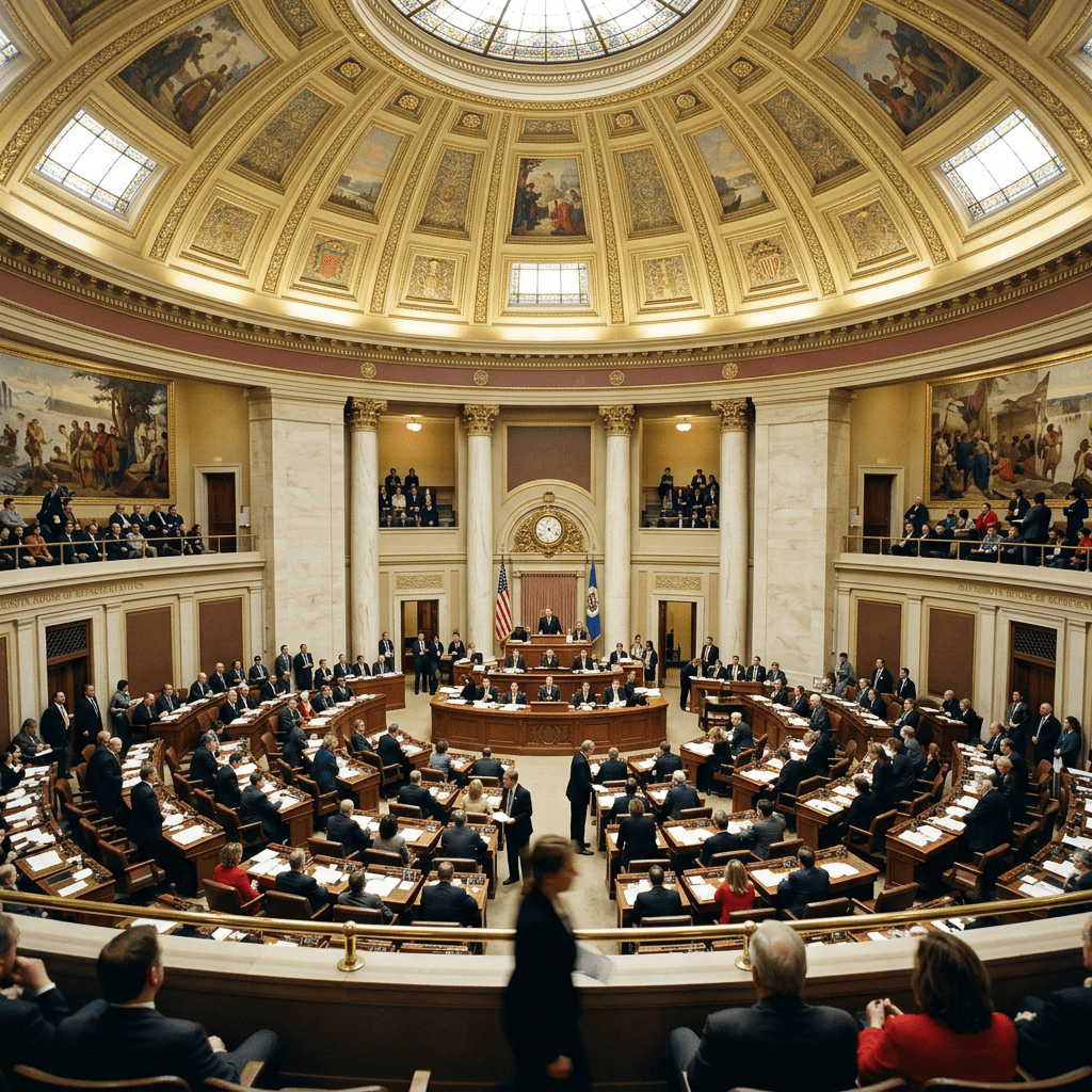 Legislators seated and standing in a large, ornate assembly chamber with domed ceiling and murals