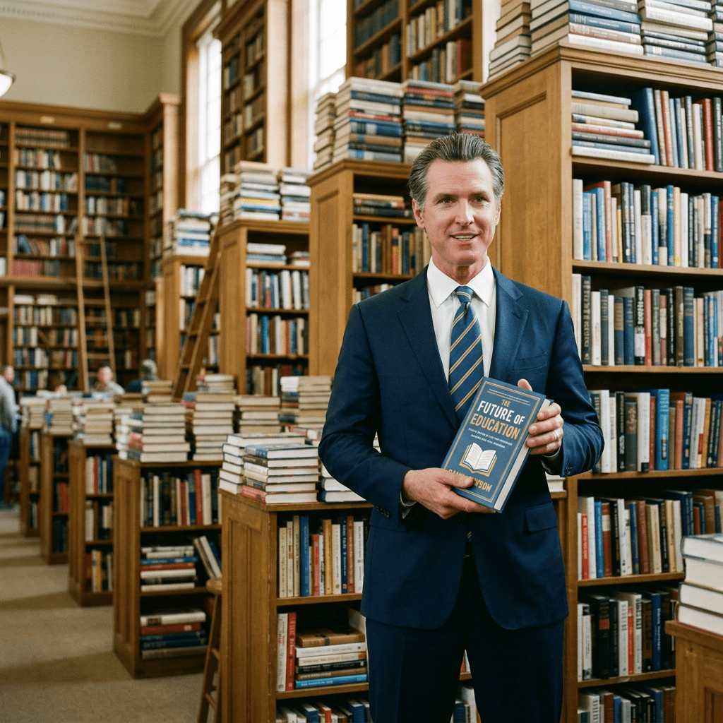 Man in suit holding a book titled 'The Future of Education' in a library