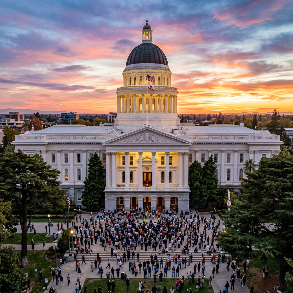Crowd assembled outside California State Capitol building during vibrant sunset.