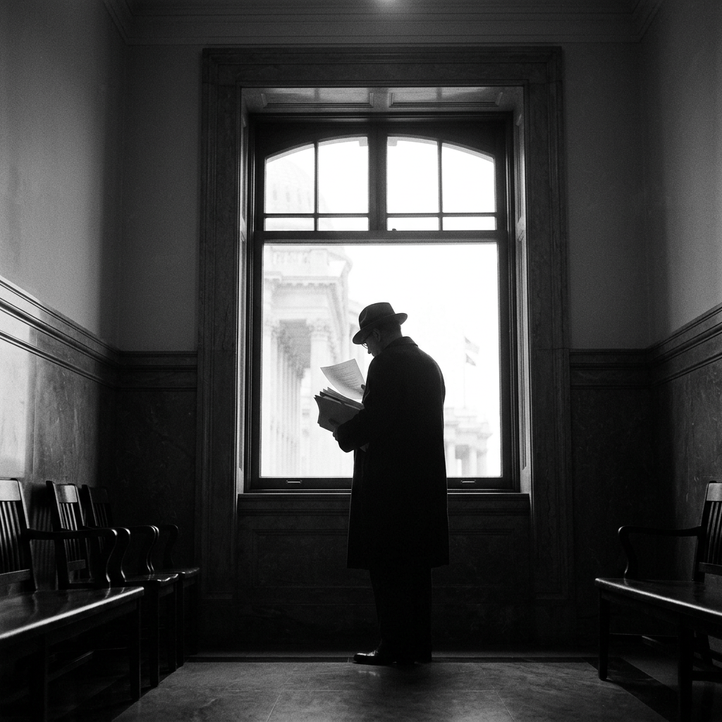 Man reading documents in a large marble hallway with benches and a tall window