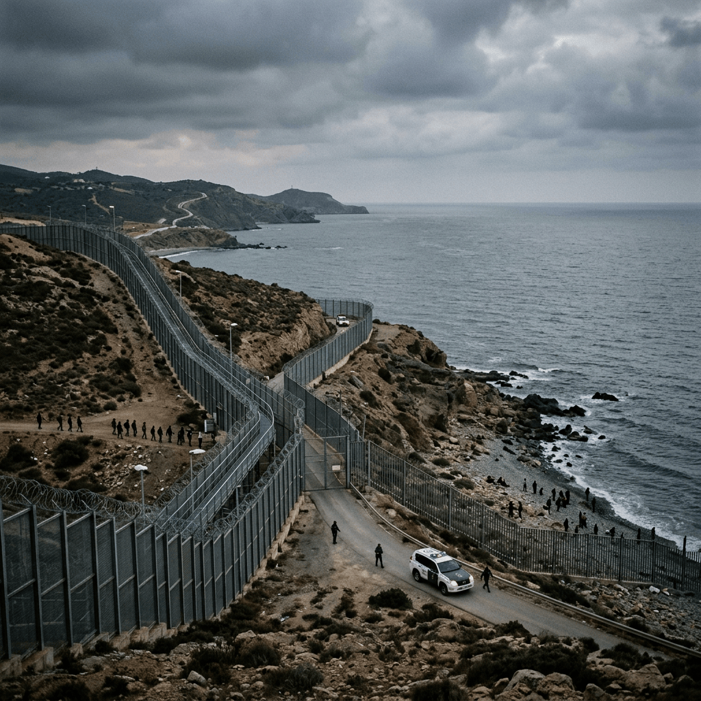 Fortified coastal border fence with people, patrol vehicle, and ocean