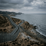Fortified coastal border fence with people, patrol vehicle, and ocean