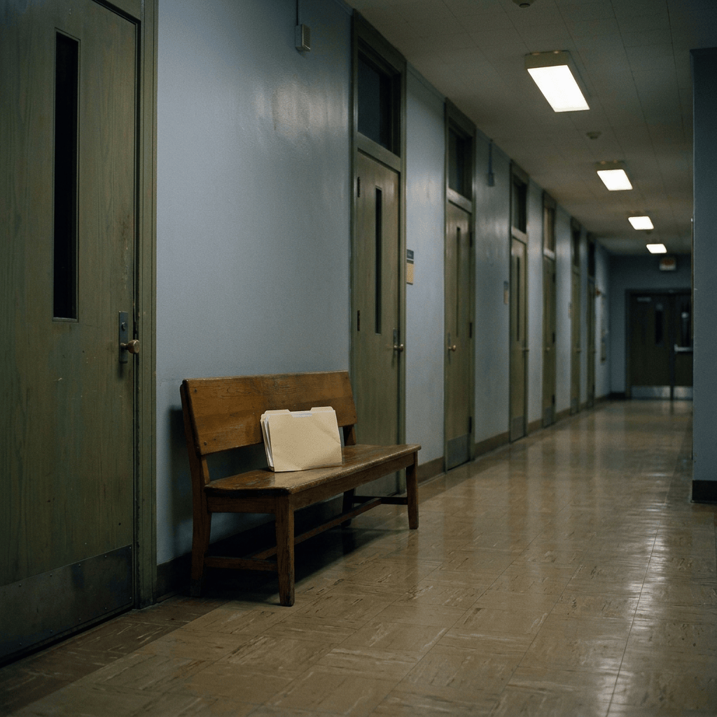 Empty institutional hallway with a folder on a wooden bench