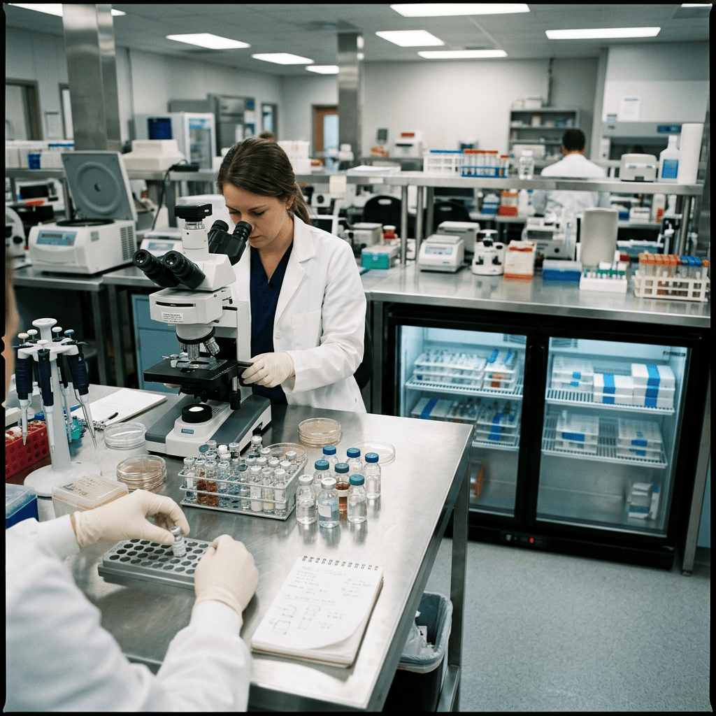 Laboratory scientists conducting sample analysis with a microscope and pipettes