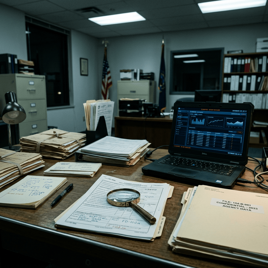 Desk with confidential agency files, forms, magnifying glass, and laptop dashboard