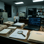Desk with confidential agency files, forms, magnifying glass, and laptop dashboard
